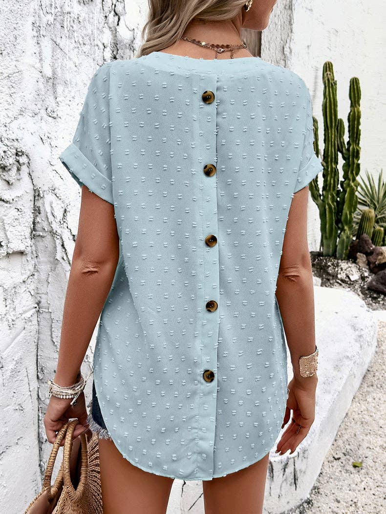 V-Neck Ruffled Short-Sleeve Flowy Button