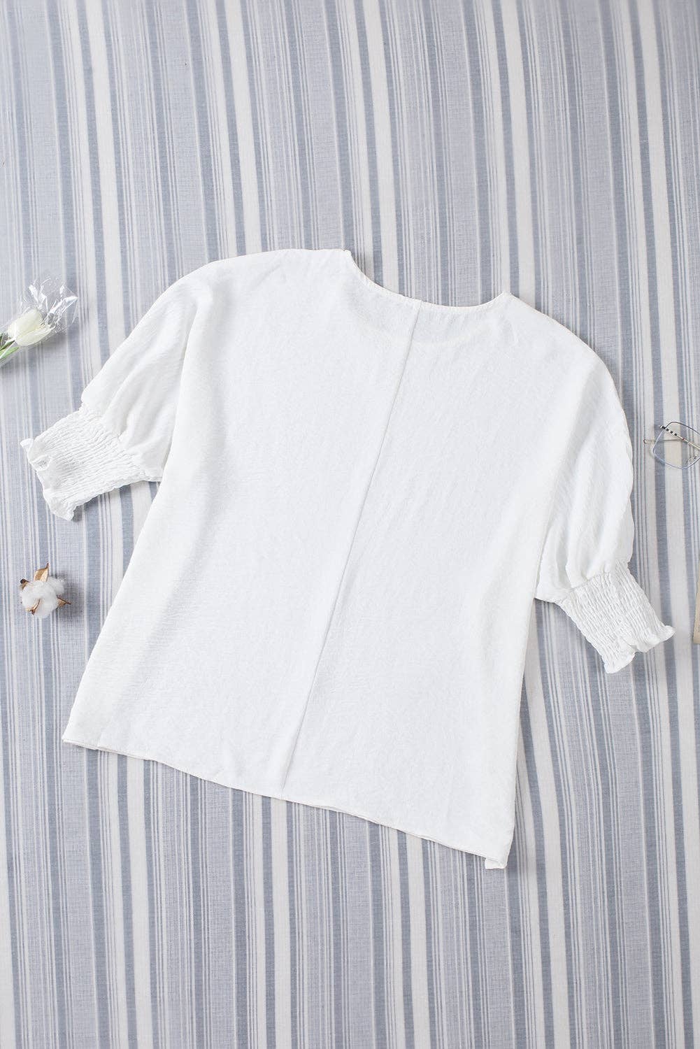 White Shirred Cuffs Half Sleeve Top