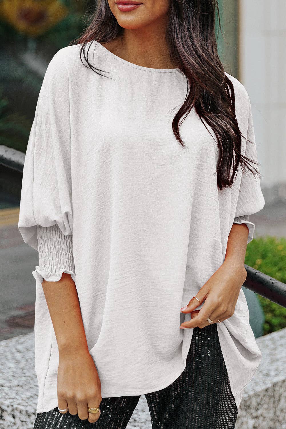 White Shirred Cuffs Half Sleeve Top