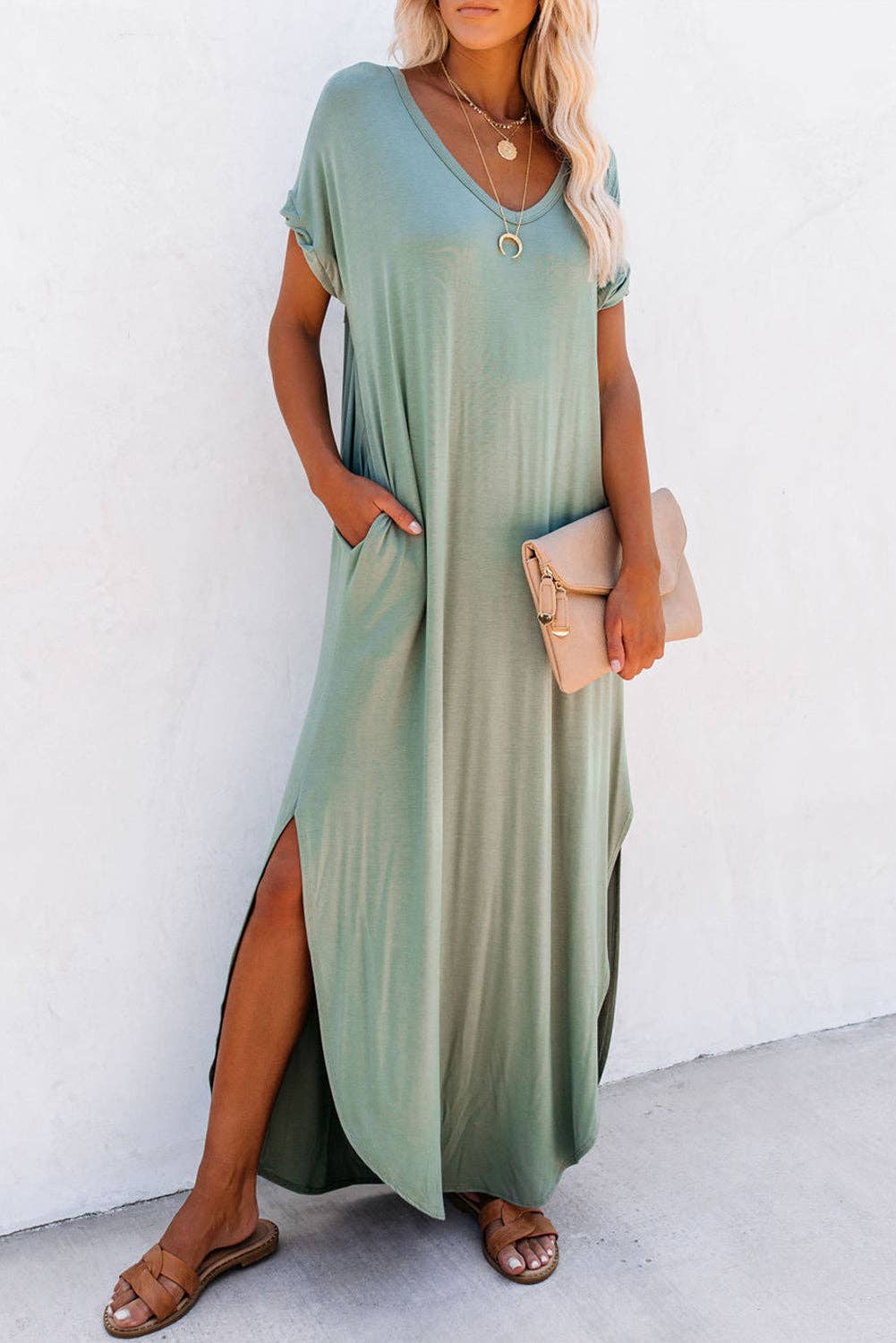 Sage V Neck Slit Maxi Dress