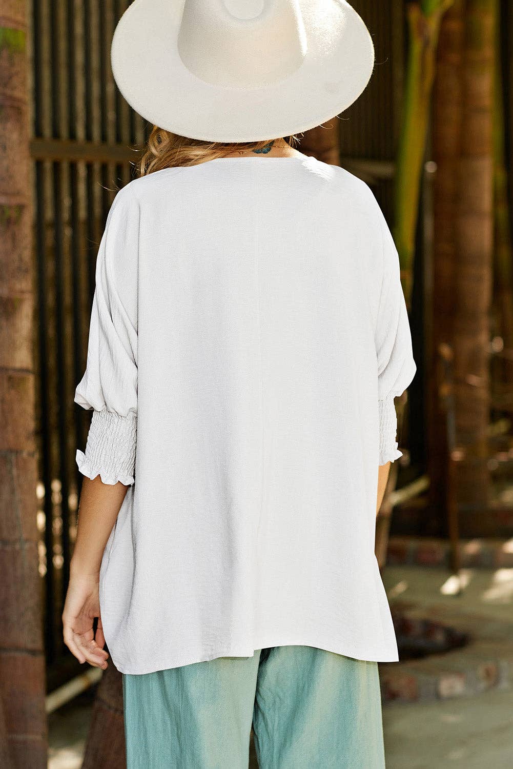 White Shirred Cuffs Half Sleeve Top