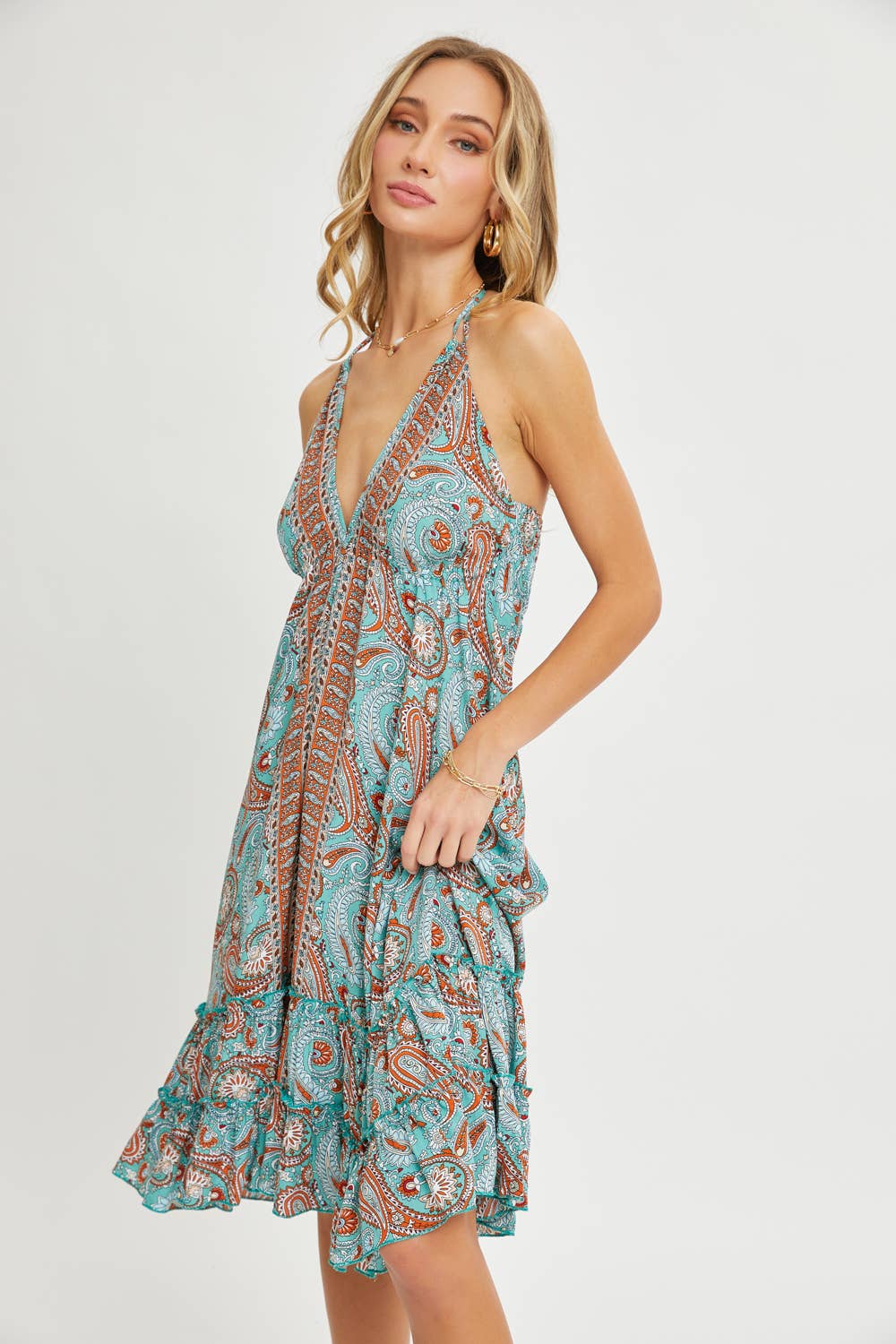 HALTER PAISLEY BORDER PRINT  DRESS