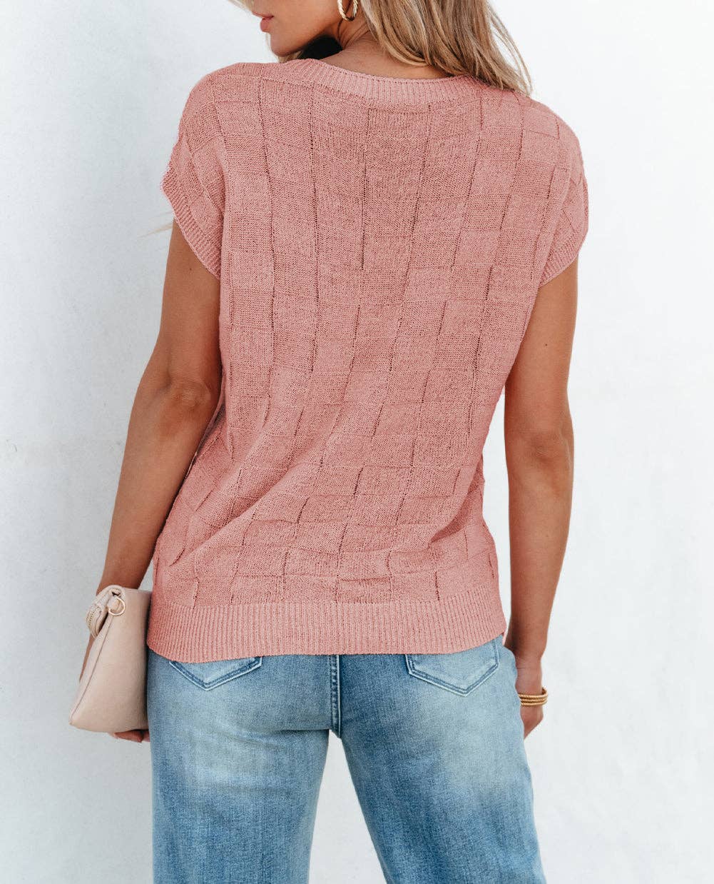 Lattice Textured Knit Short Sleeve Sweater