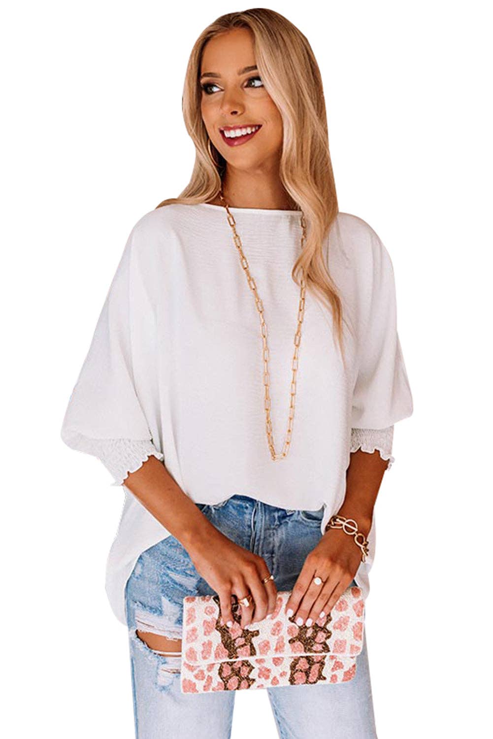 White Shirred Cuffs Half Sleeve Top