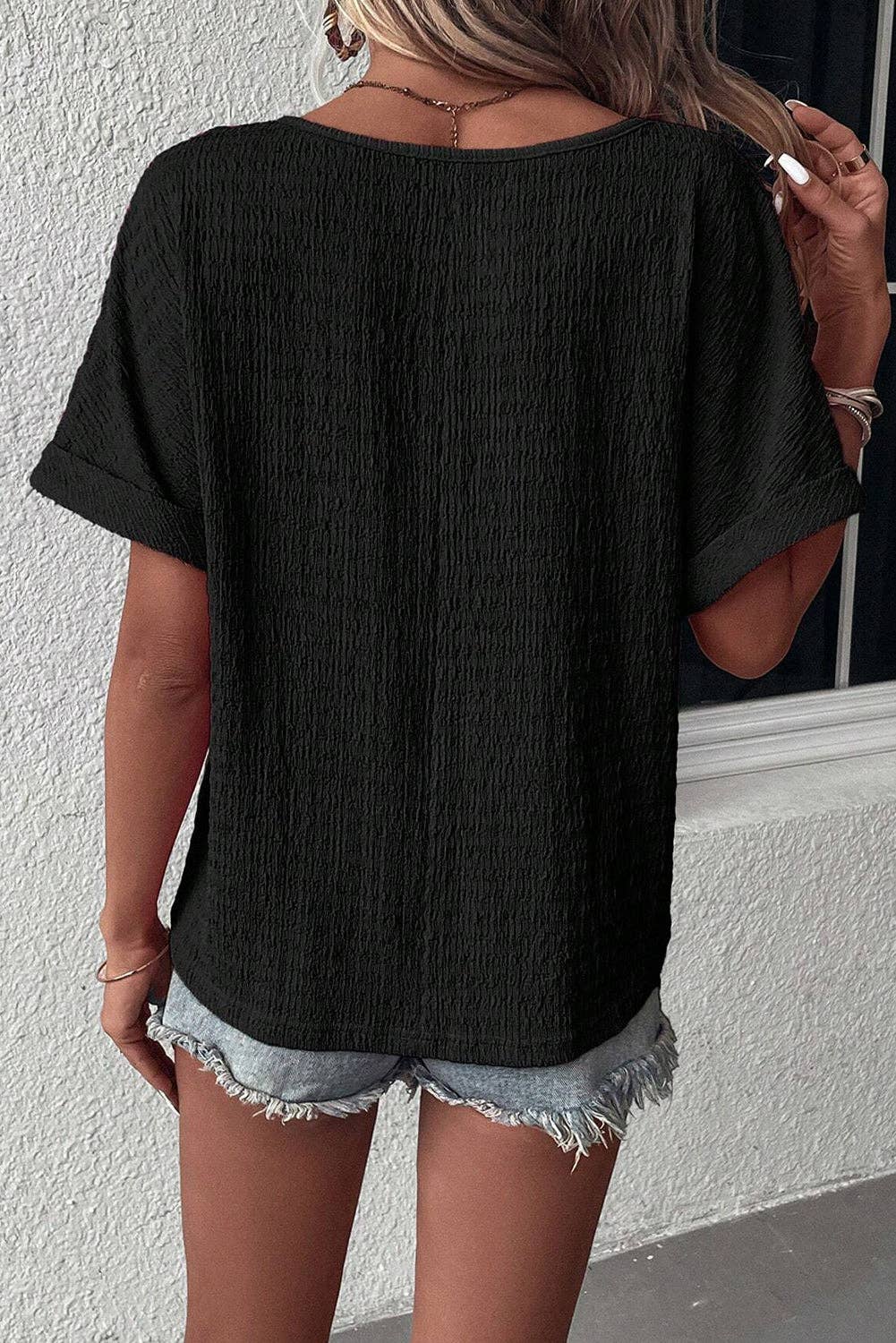 Textured Rolled Short Sleeve V Neck Blouse