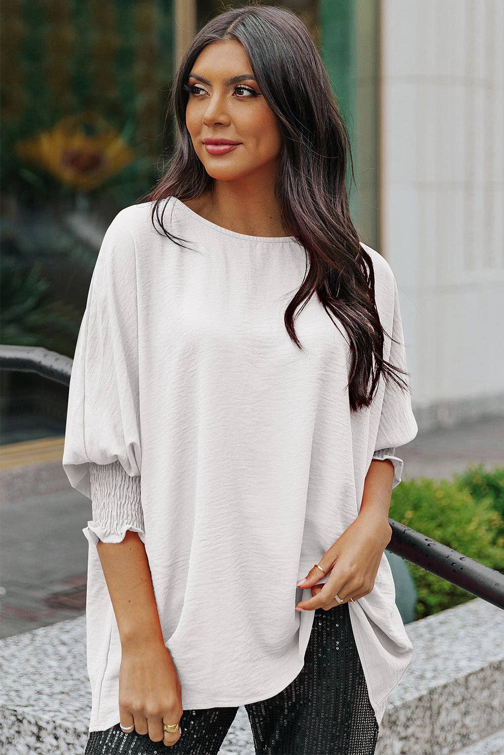 White Shirred Cuffs Half Sleeve Top