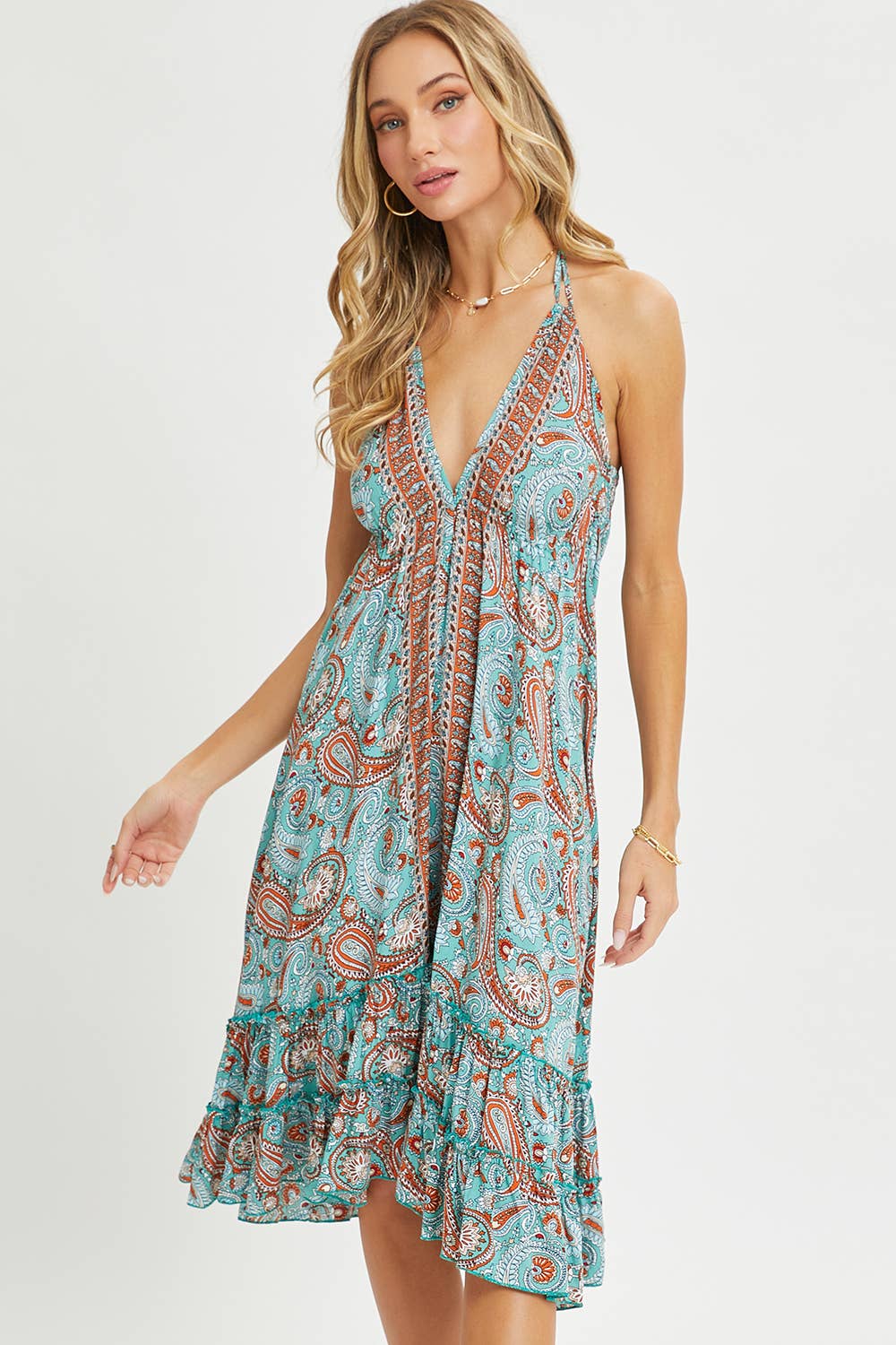 HALTER PAISLEY BORDER PRINT  DRESS