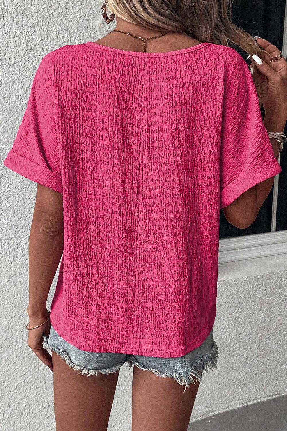 Textured Rolled Short Sleeve V Neck Blouse