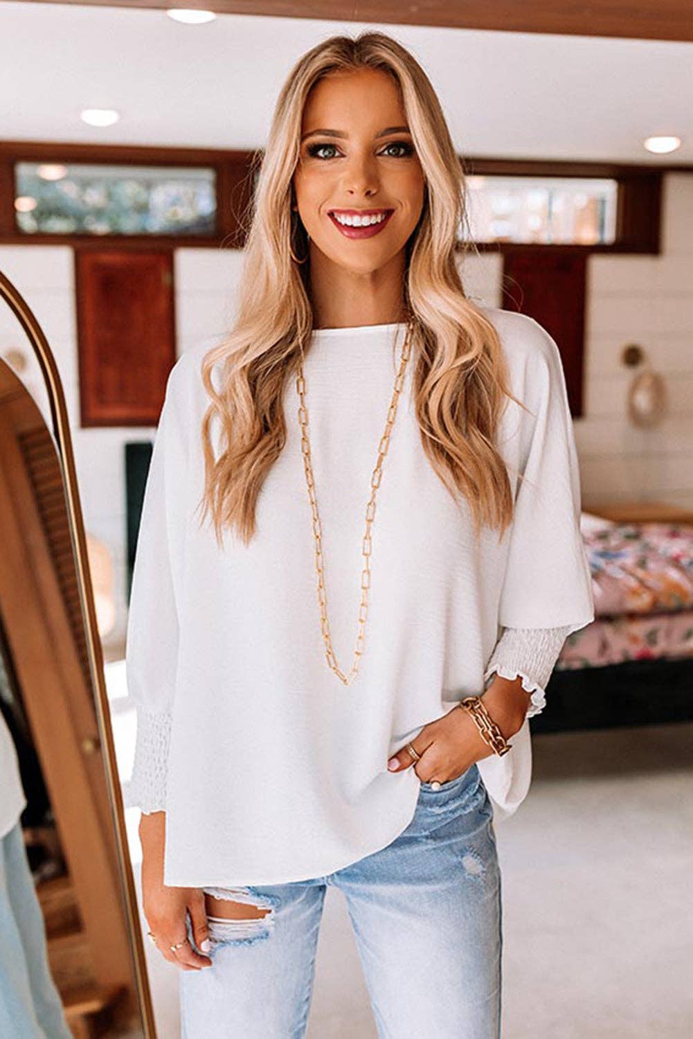 White Shirred Cuffs Half Sleeve Top