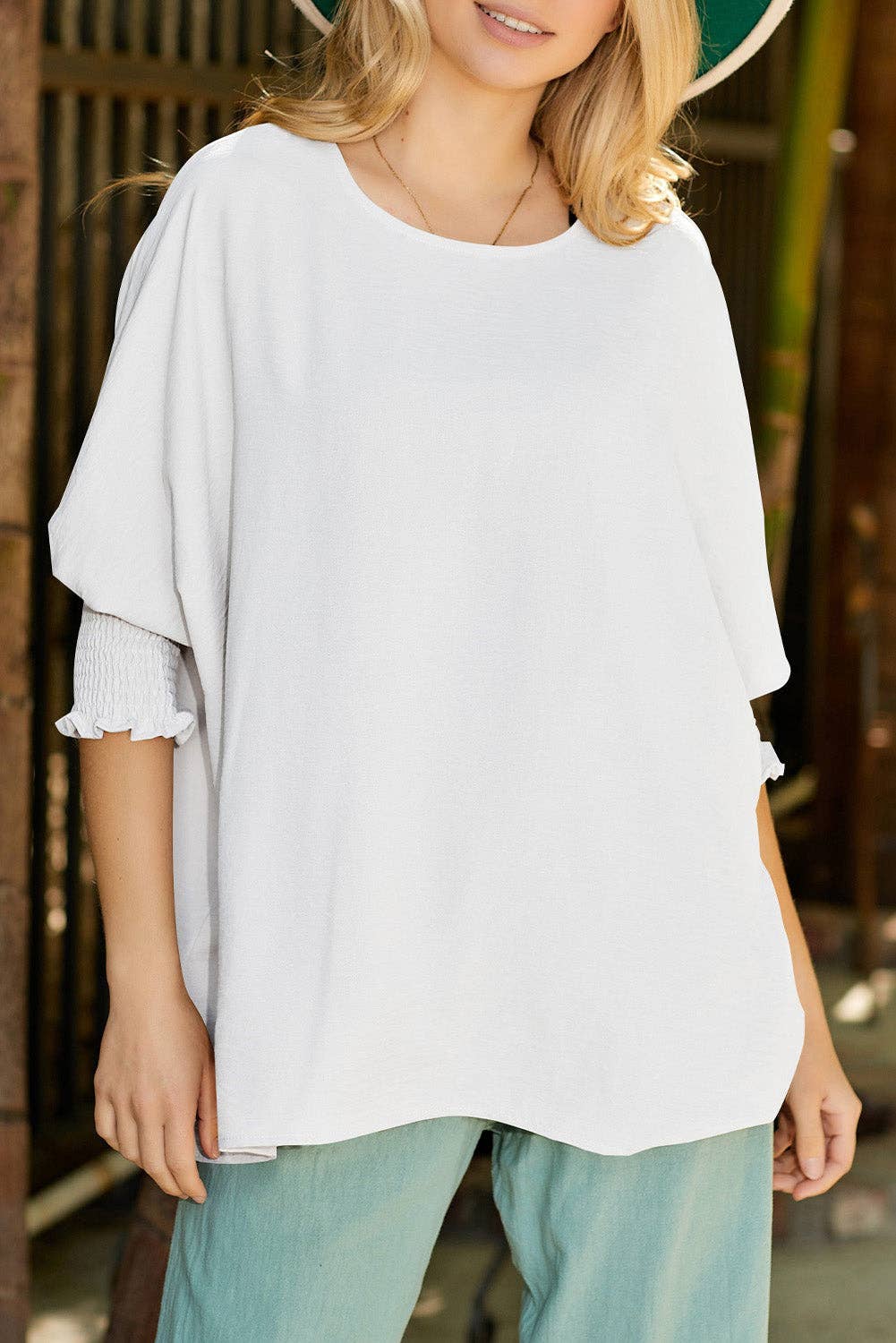 White Shirred Cuffs Half Sleeve Top