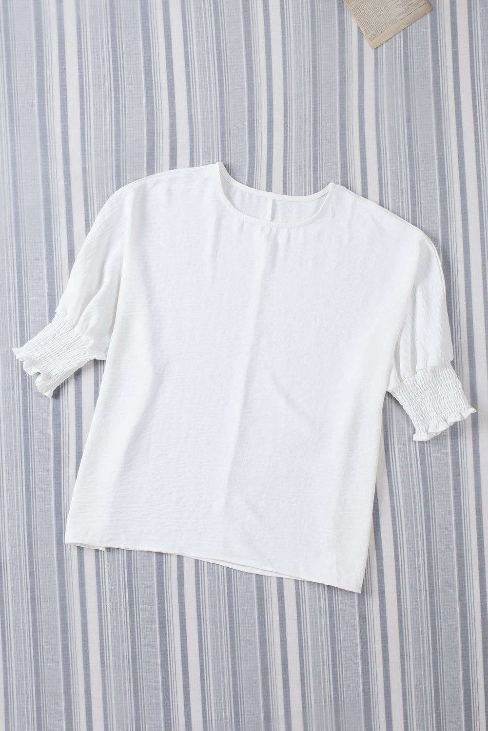 White Shirred Cuffs Half Sleeve Top