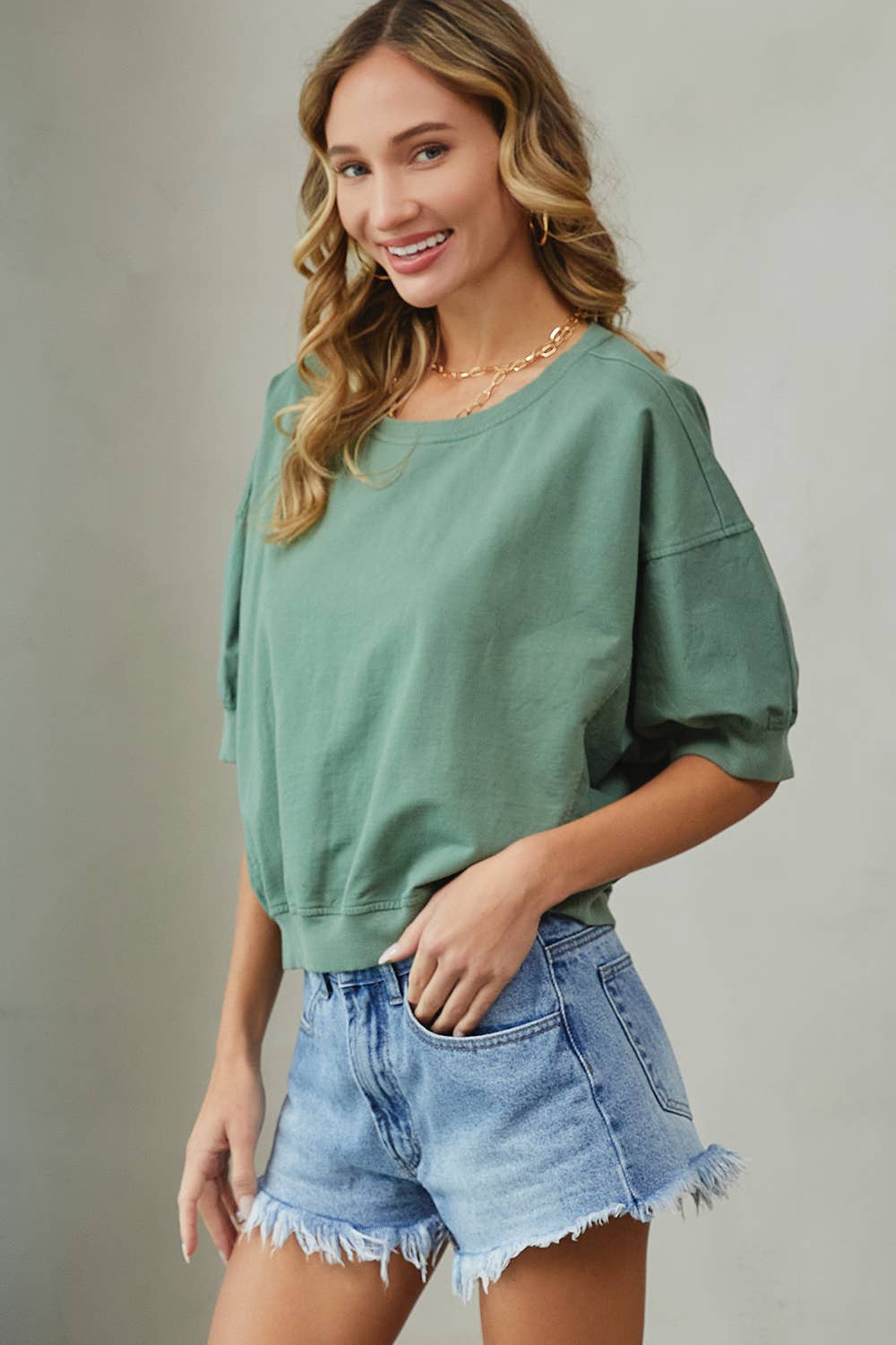 CASUAL PUFF SLEEVE CONTRAST TOP