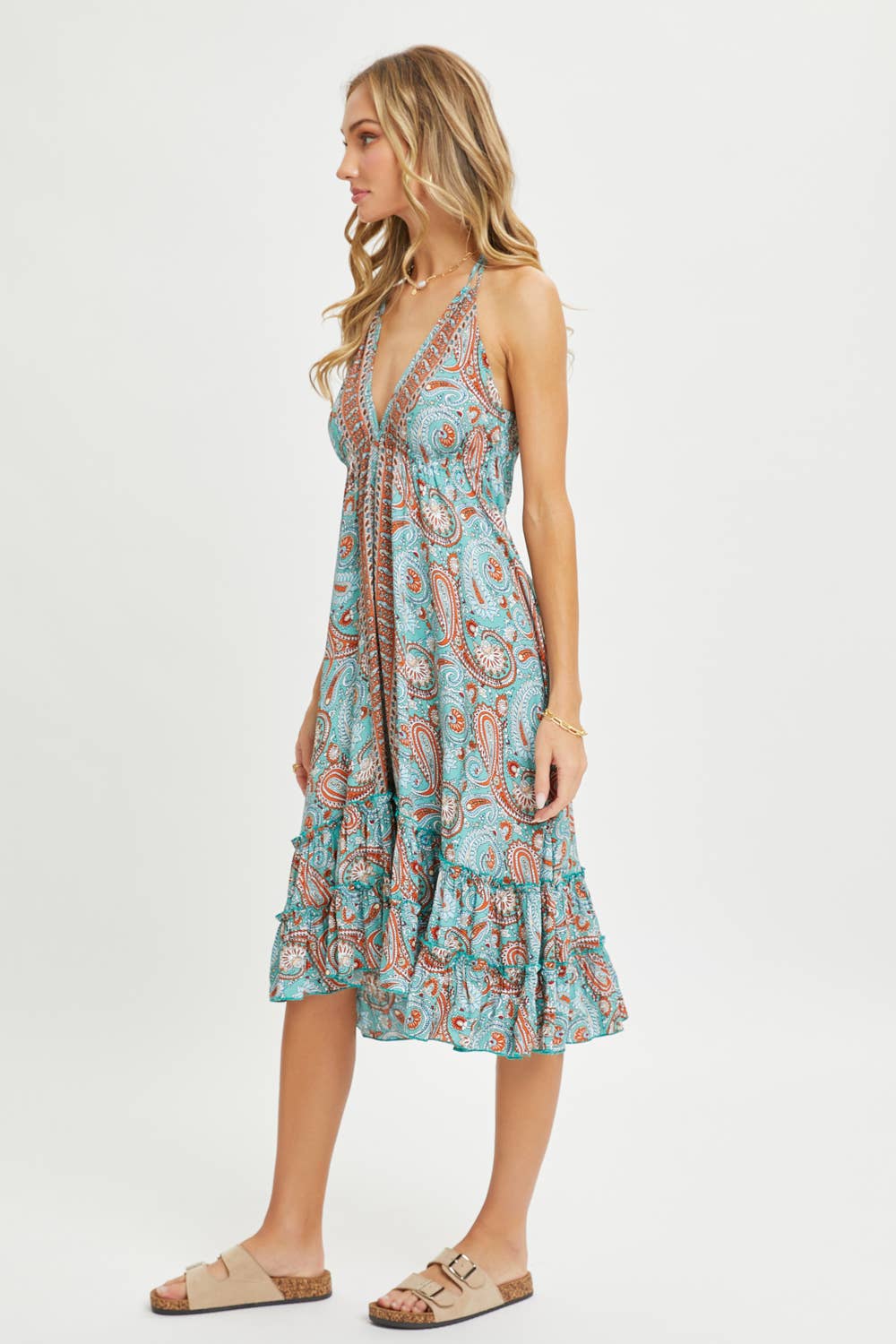 HALTER PAISLEY BORDER PRINT  DRESS