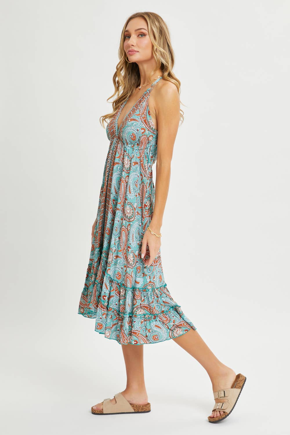 HALTER PAISLEY BORDER PRINT  DRESS