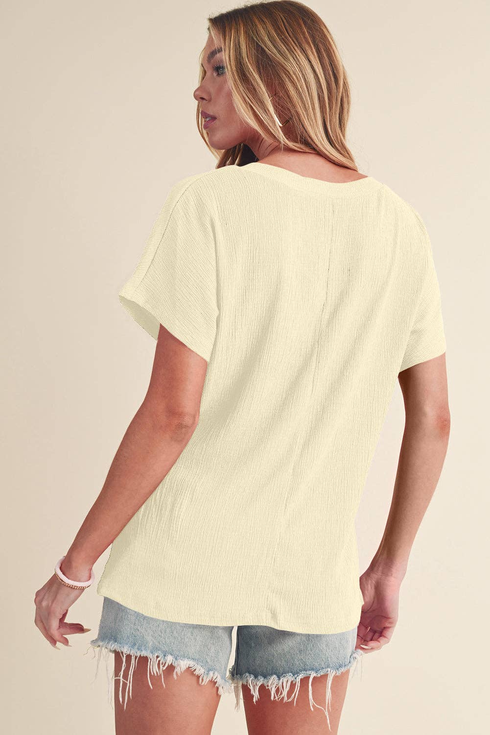 Ivory Crinkled V Neck Tee