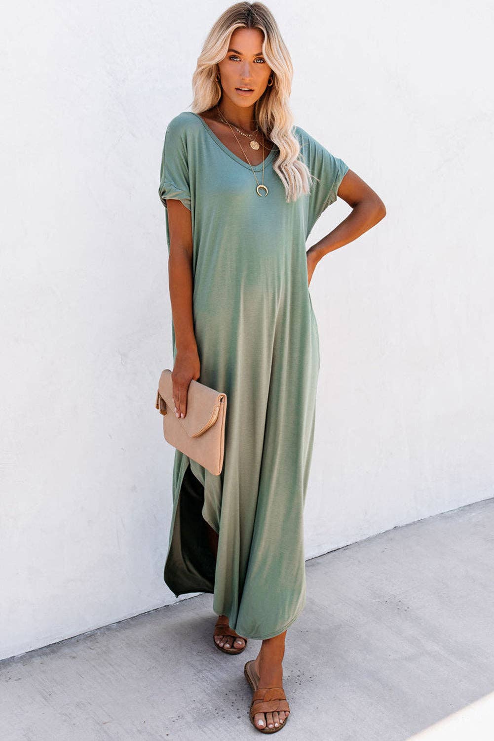 Sage V Neck Slit Maxi Dress