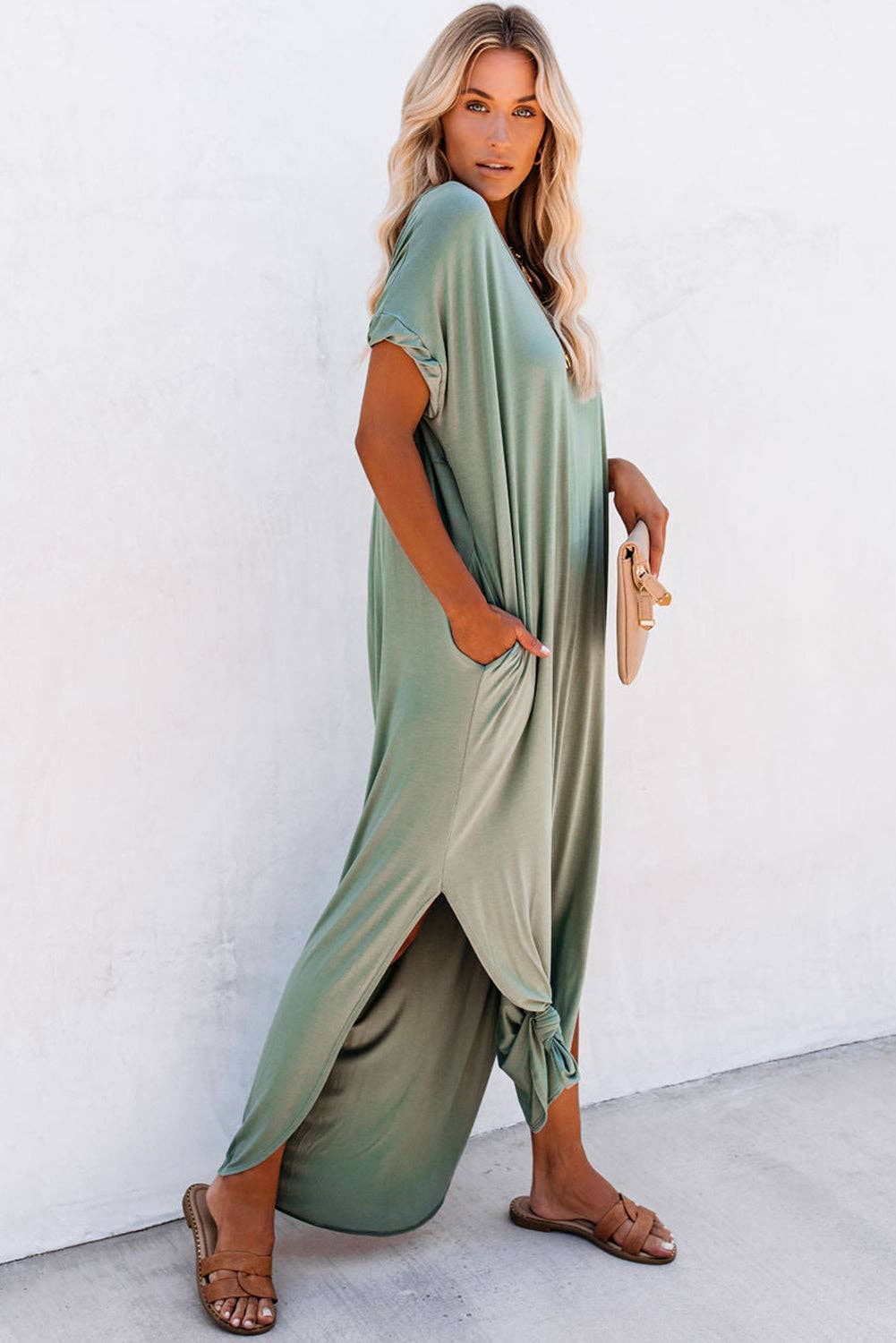 Sage V Neck Slit Maxi Dress