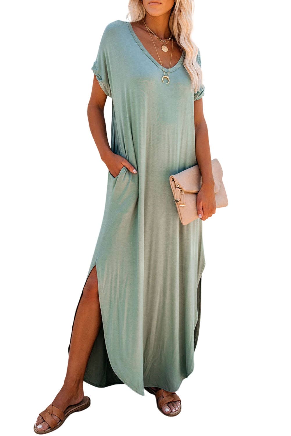 Sage V Neck Slit Maxi Dress