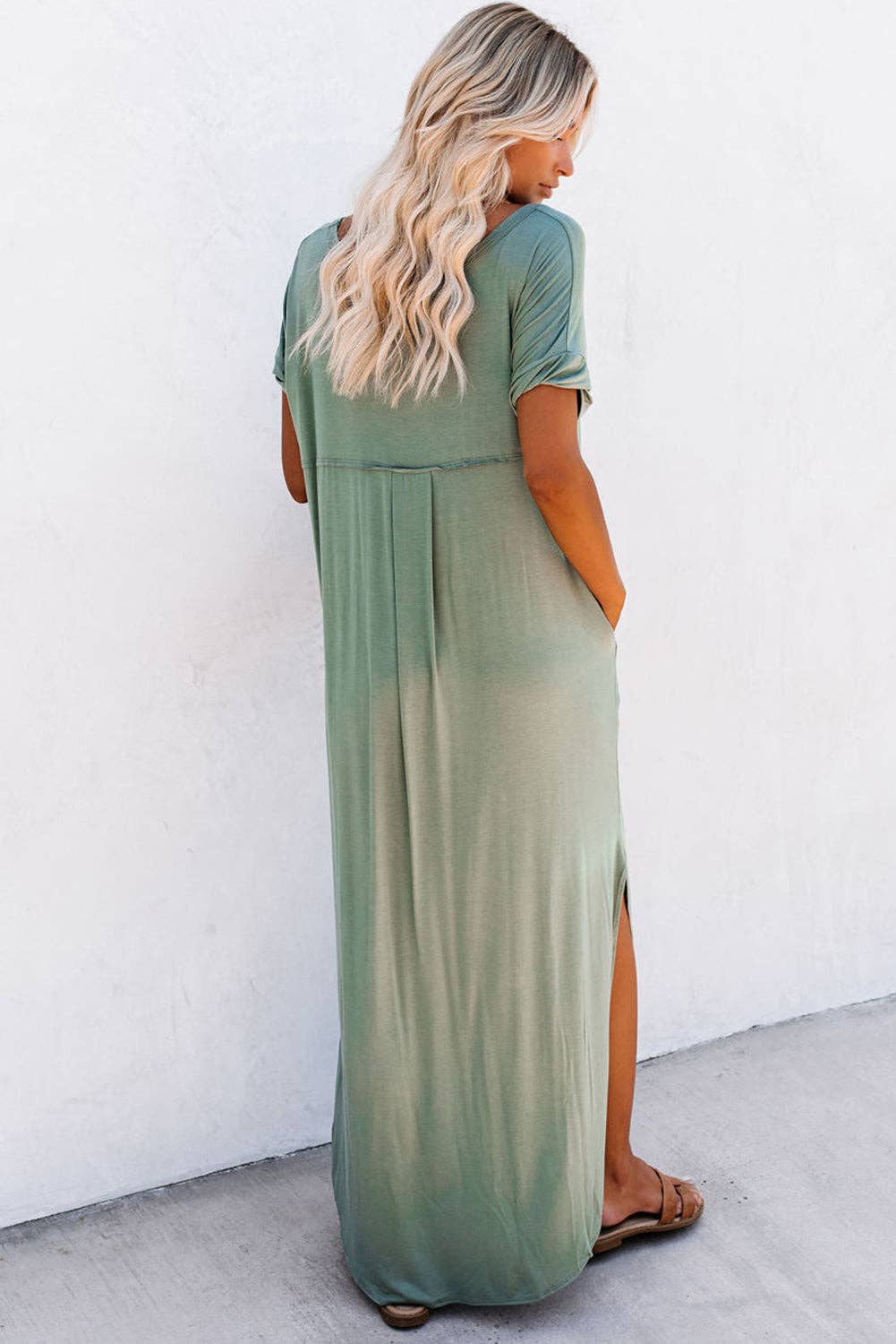 Sage V Neck Slit Maxi Dress