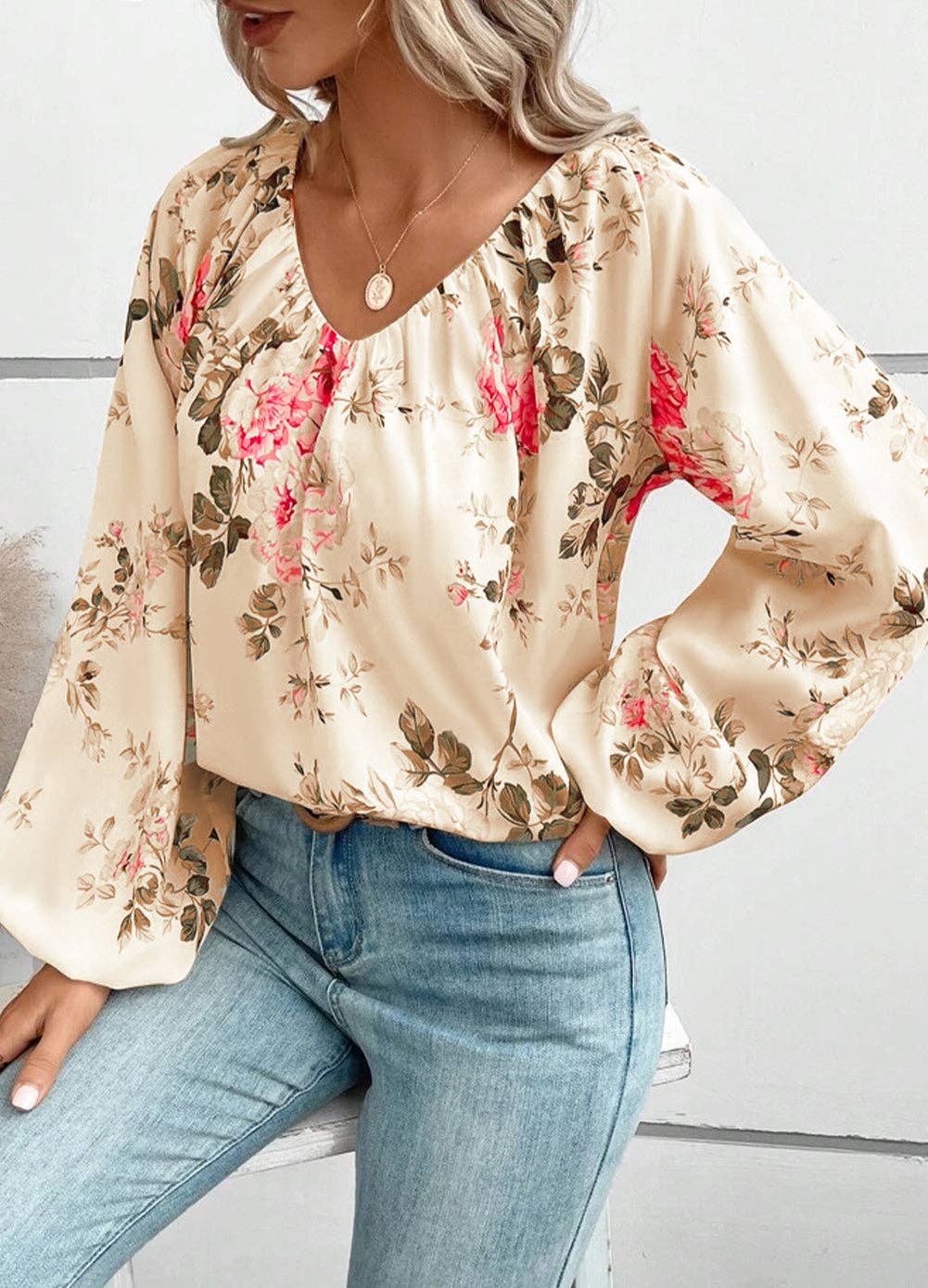 Floral Print Lantern Sleeve V-Neck Blouse