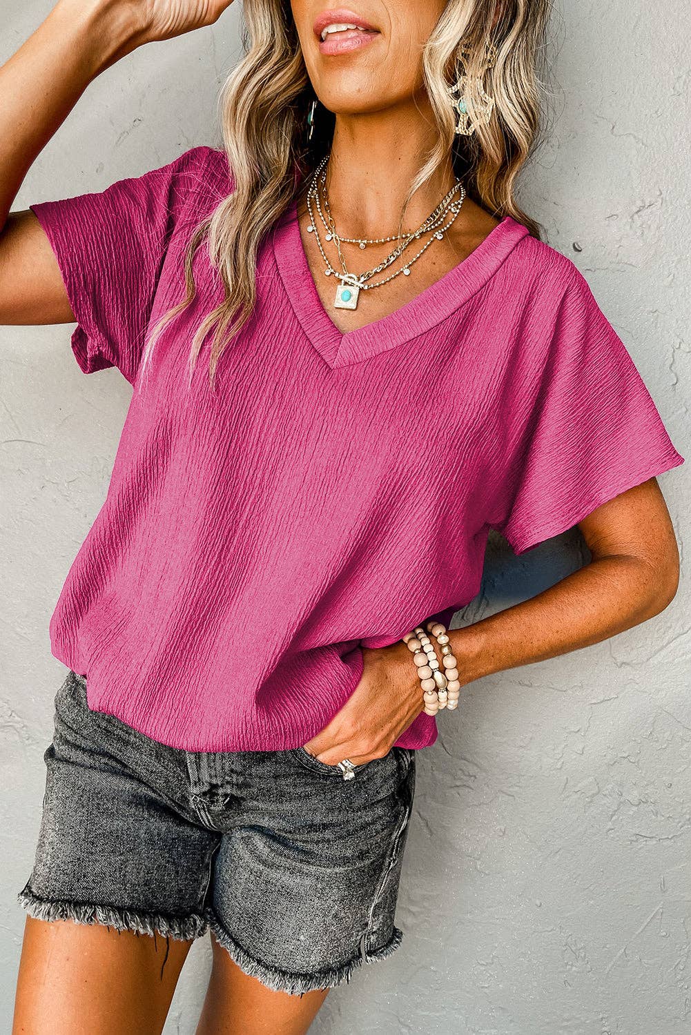 Ivory Crinkled V Neck Tee