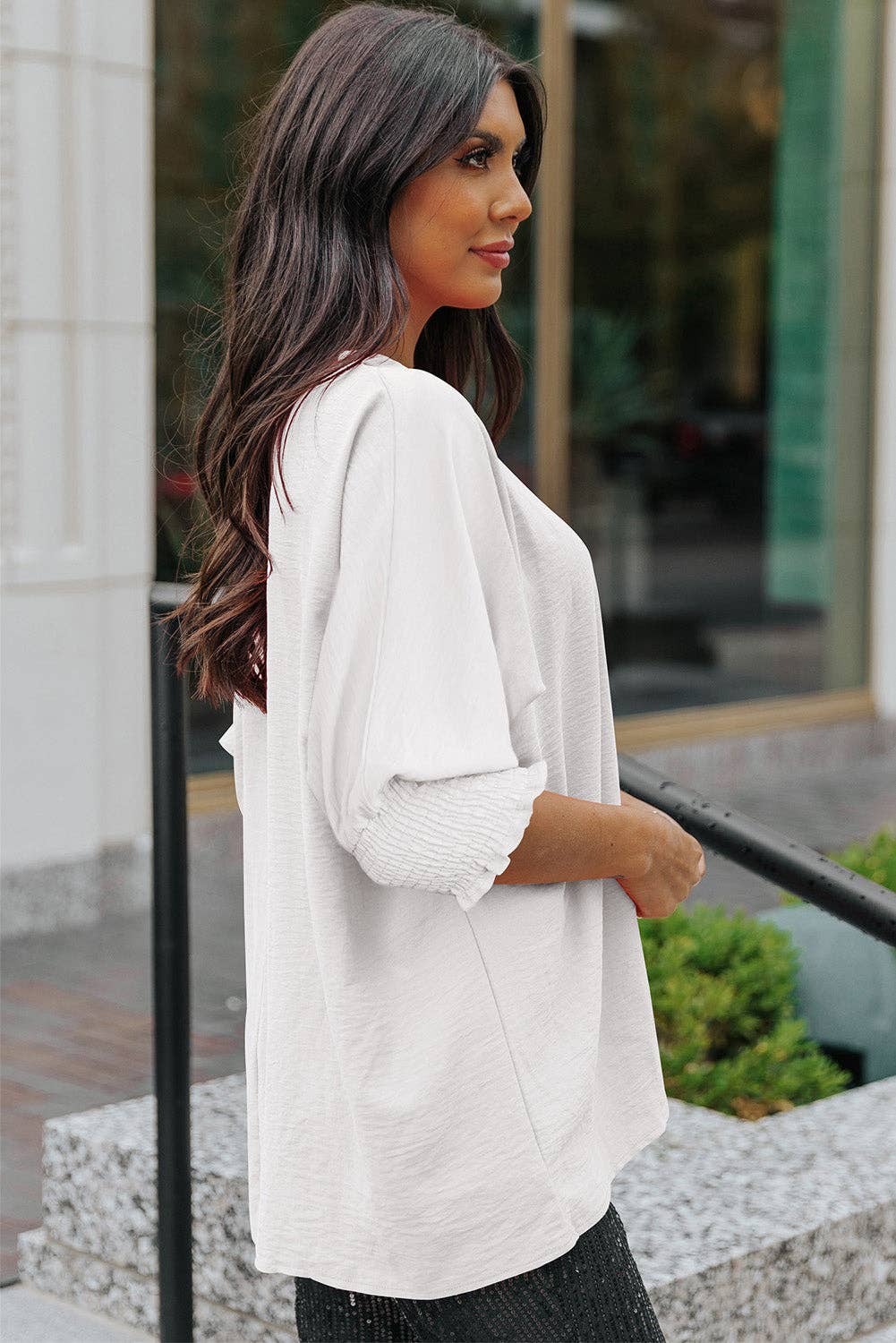 White Shirred Cuffs Half Sleeve Top