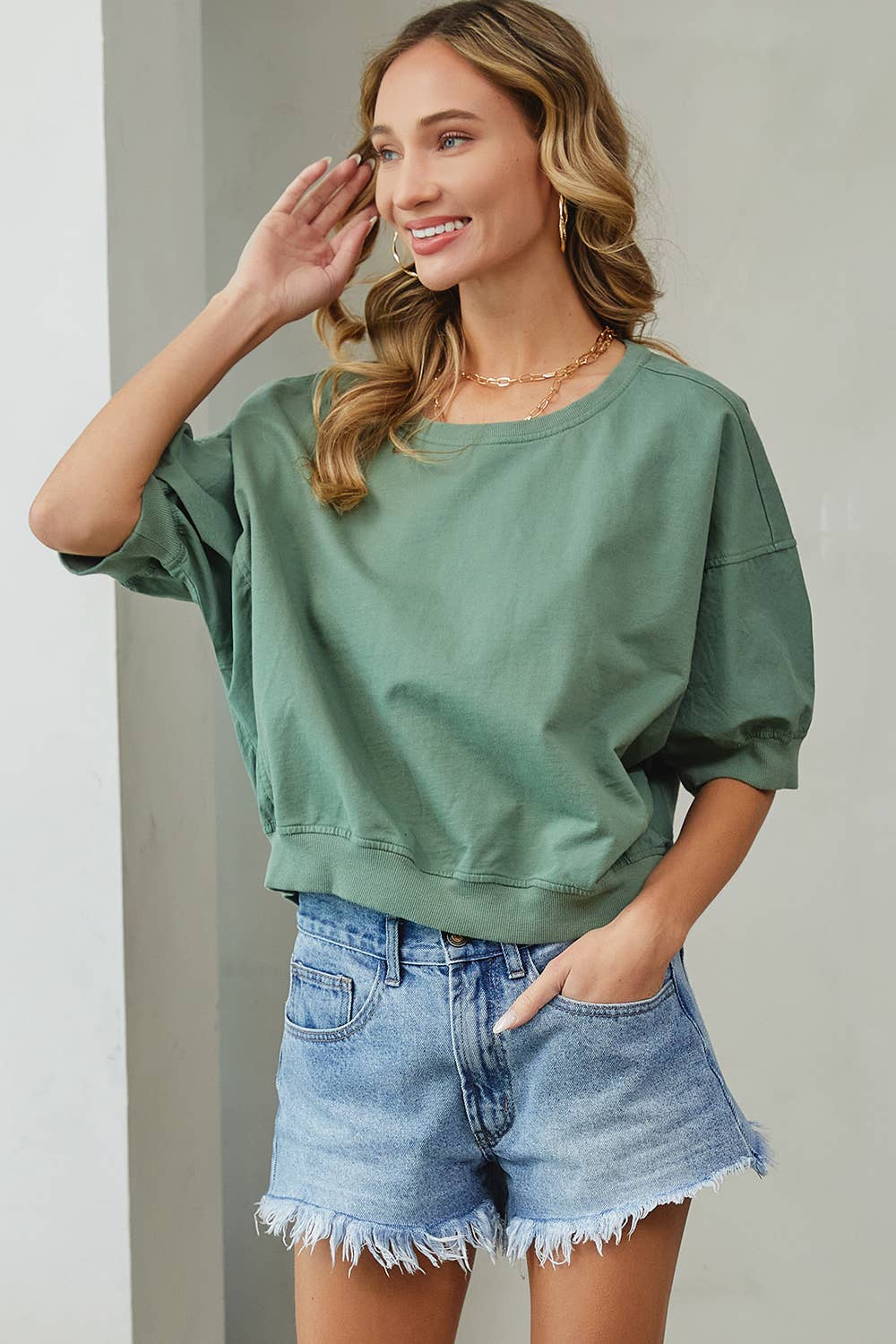 CASUAL PUFF SLEEVE CONTRAST TOP