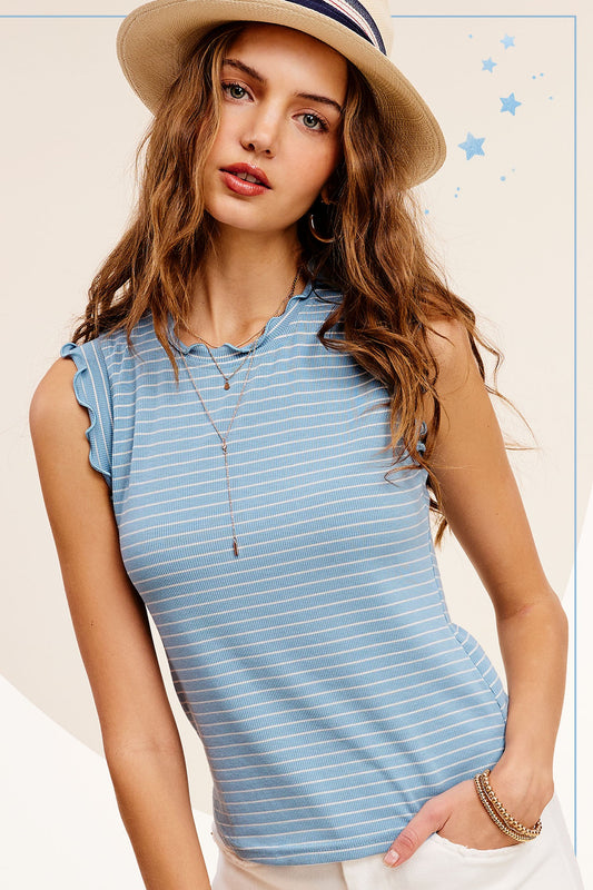 Brushed Striped Ruffle Sleeve Top