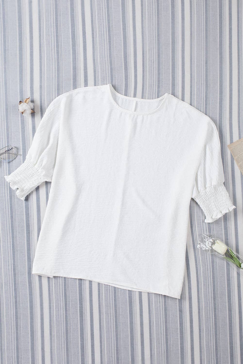 White Shirred Cuffs Half Sleeve Top