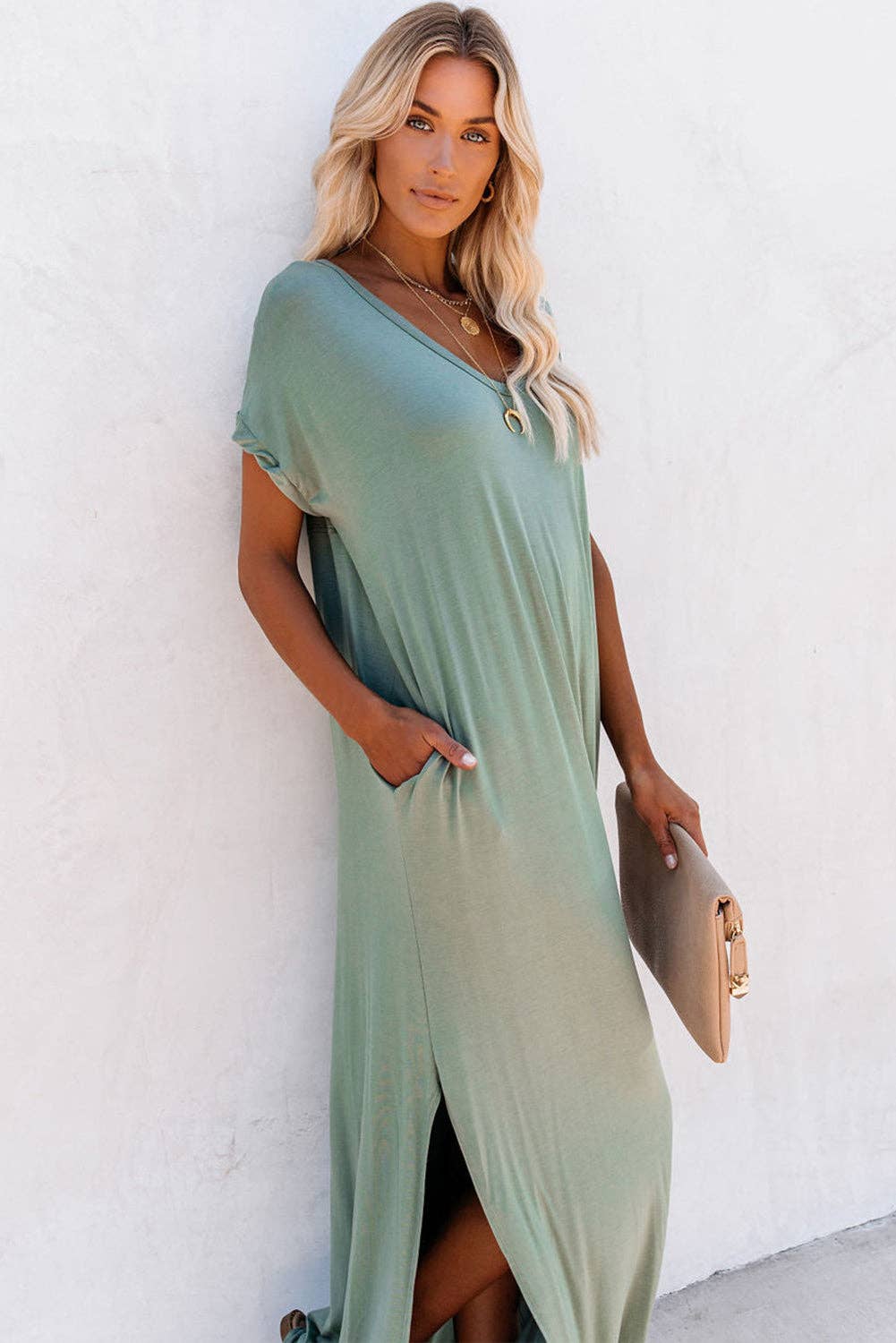 Sage V Neck Slit Maxi Dress