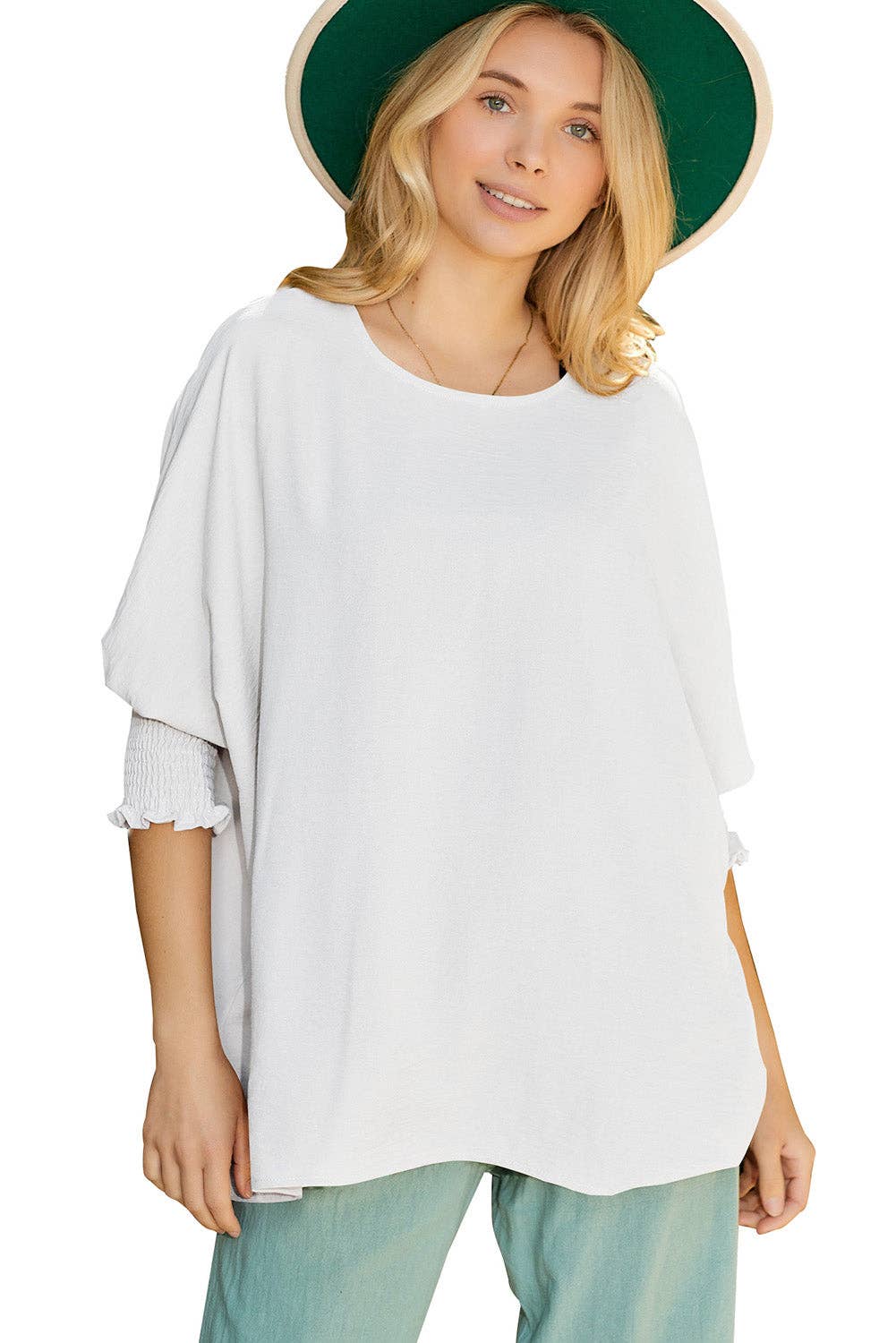 White Shirred Cuffs Half Sleeve Top