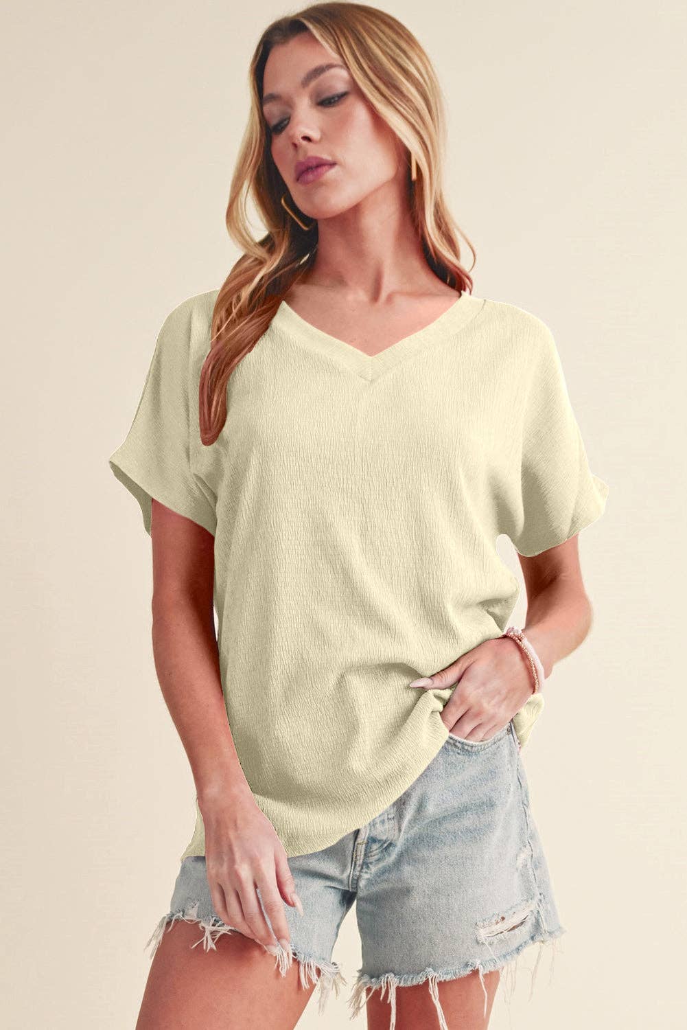 Ivory Crinkled V Neck Tee