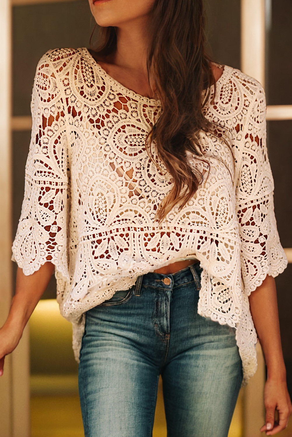 LDC Bohemian Macrame Lace Crochet Half Sleeve Blouse