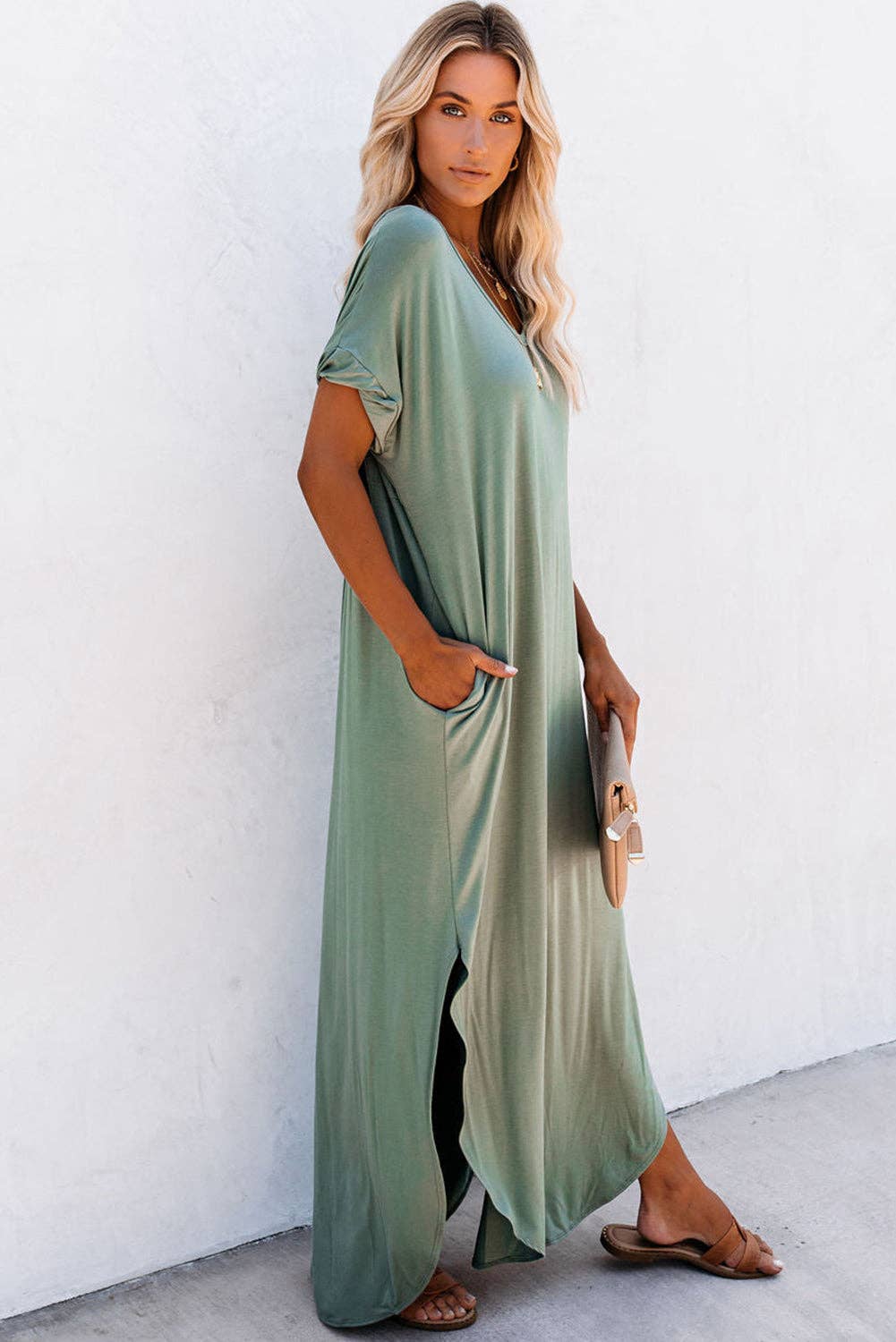 Sage V Neck Slit Maxi Dress