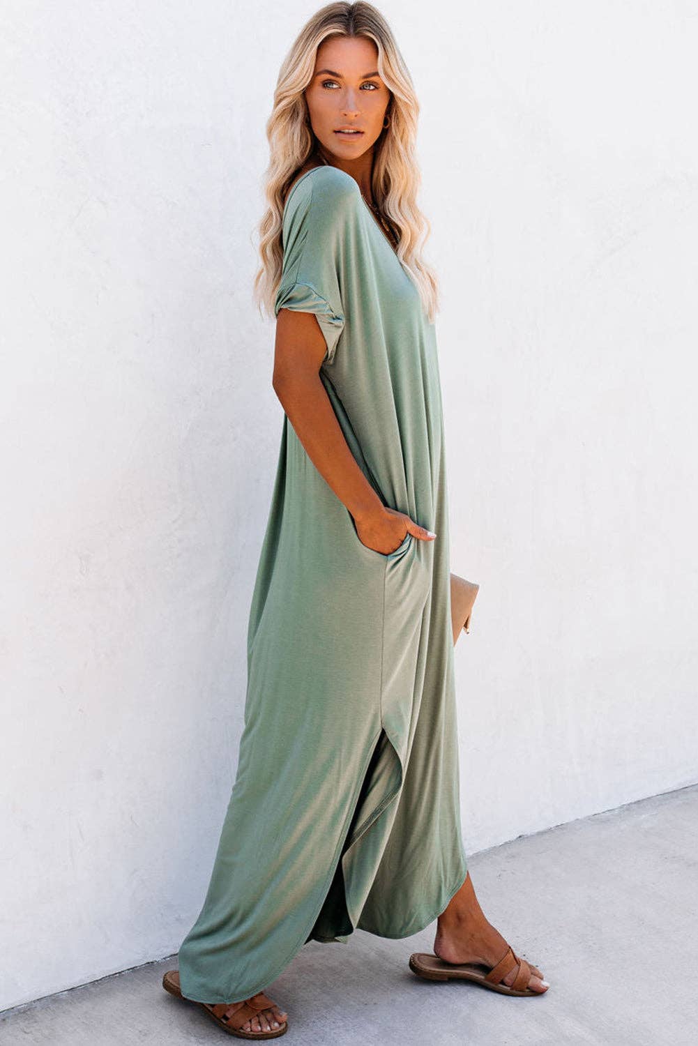 Sage V Neck Slit Maxi Dress